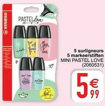 5 surligneurs 5 markeerstiften mini pastel love