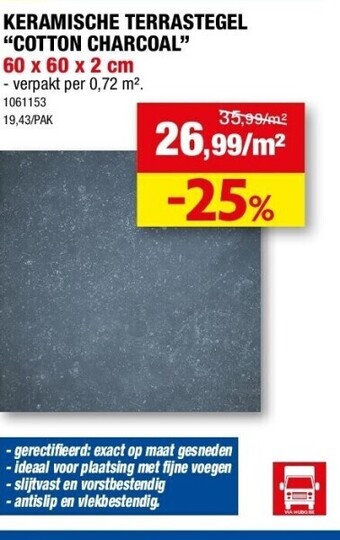 Hubo Keramische terrastegel “cotton charcoal” 60 x 60 x 2 cm aanbieding