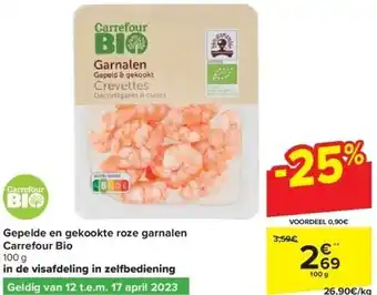 Carrefour Gepelde en gekookte roze garnalen carrefour bio 100 g aanbieding