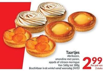 Taartjes abrikozen, amandine met peren, appels of citroen meringue