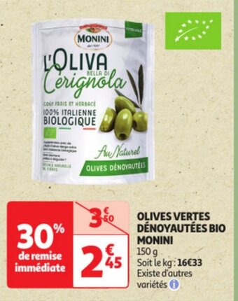 Auchan Monini Olives vertes denoyautees bio 150g aanbieding