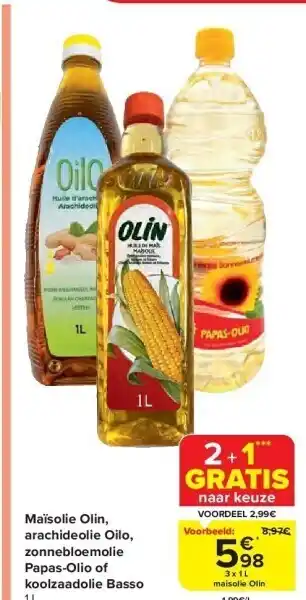 Carrefour Maïsolie olin, arachideolie oilo, zonnebloemolie papas-olio of koolzaadolie basso 1 l aanbieding