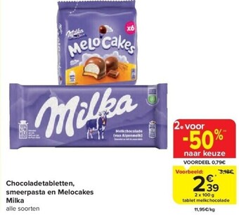 Carrefour Chocoladetabletten, smeerpasta en melocakes milka aanbieding