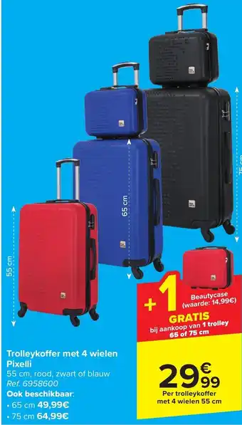 Carrefour Pixelli trolleykoffer met 4 wielen 55cm aanbieding