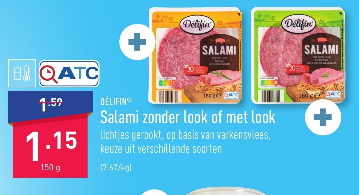 Delifin salami zonder look of met look 150g promotie bij ALDI