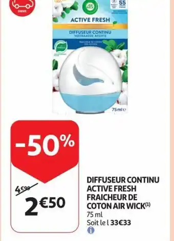 Auchan Air Wick Diffuseur Continu Active Fresh Fraicheur De Coton 75ml aanbieding