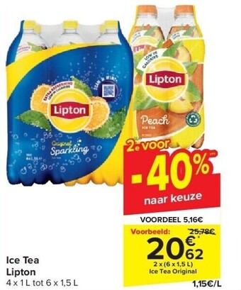 Carrefour Ice tea lipton 4 x 1 l tot 6 x 1,5 l aanbieding
