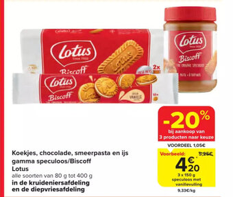 Carrefour Market Lotus koekjes, chocolade, smeerpasta en ijs gamma speculoos/biscoff 3 x 150g aanbieding