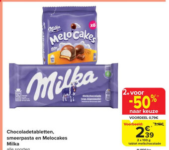Carrefour Market Milka chocoladetabletten, smeerpasta en melocakes 2 x 100g aanbieding