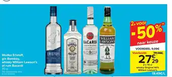 Carrefour Market Wodka Eristoff, Gin Bombay, Whisky William Lawson's of Rum Bacardi 2 x 70cl aanbieding