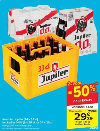 Carrefour Market Krat Bier Jupiler (24 x 33cl) en Jupiler 0.0% (6 x 25cl tit 24 x 25cl) aanbieding