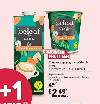 Delhaize Plantaardige Yoghurt Of Drank Beleaf 120 g, 350g of 1 l aanbieding