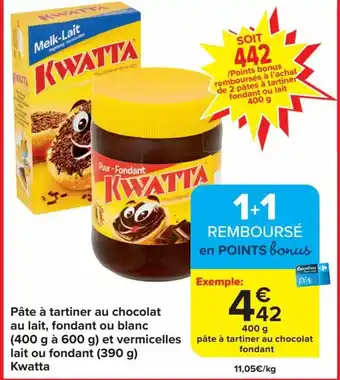 Carrefour Market Kwatta Pâte à tartiner au chocolat au lait, fondant ou blanc (400 g à 600 g) et vermicelles lait ou fondant (390 g) aanbieding