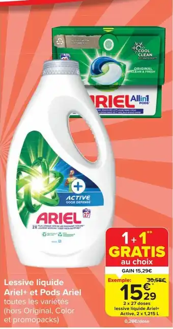 Carrefour Market Ariel+ lessive liquide 2 x 1,215 L aanbieding