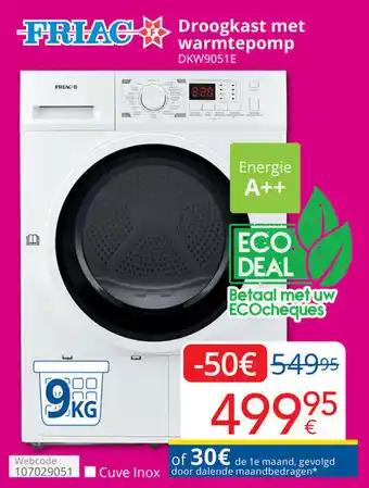 Friac droogkast met warmtepomp 9kg DKW9051E Webcode: 107029051