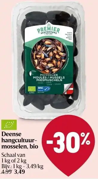 Delhaize Deense hangcultuurmosselen, bio aanbieding