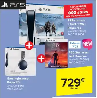 Carrefour PS5-console + God of War Ragnarök Ref. 6923604 + PS5 PS5 Star Wars Jedi Survivor Ref. 6946707 + Gamingheadset Pulse 3D Ref. 6 aanbieding