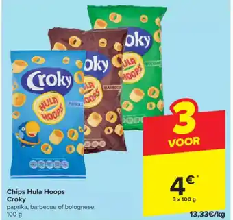 Carrefour Croky Chips Hula Hoops Paprika, Barbecue of Bolognese, 3 x 100 g aanbieding