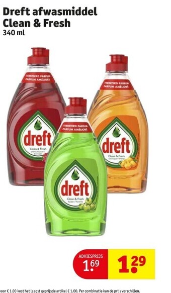 Kruidvat Dreft afwasmiddel clean & fresh 340 ml aanbieding