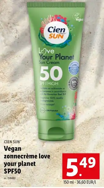 Lidl Cien SUN Vegan Zonnecrème Love your Planet SPF50 nr. 159480 aanbieding