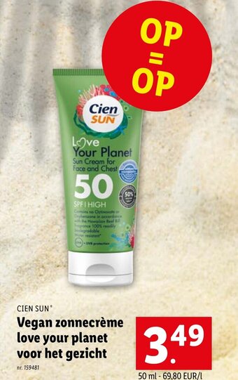 Lidl Cien SUN Vegan Zonnecrème Love your Planet voor het Gezicht nr. 159481 aanbieding
