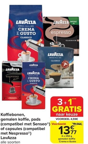 Carrefour Koffi ebonen, gemalen koffi e, pads (compatibel met senseo®) of capsules (compatibel met nespresso®) lavazza aanbieding