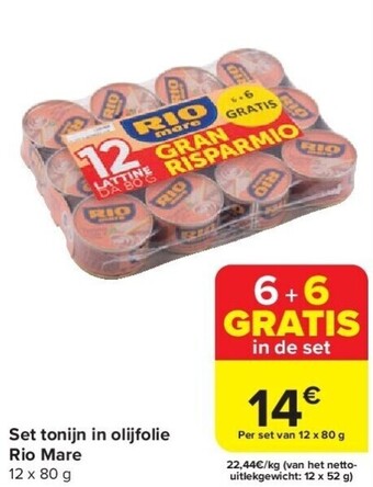 Carrefour Set tonijn in olijfolie rio mare 12 x 80 g aanbieding
