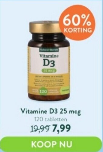 Holland & Barrett Vitamine D3 25 mcg 120 tabletten aanbieding