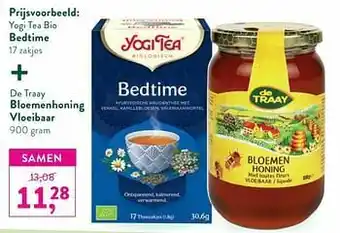 Holland & Barrett Yogi tea bio bedtime + de traay bloemenhoning vloeibaar aanbieding