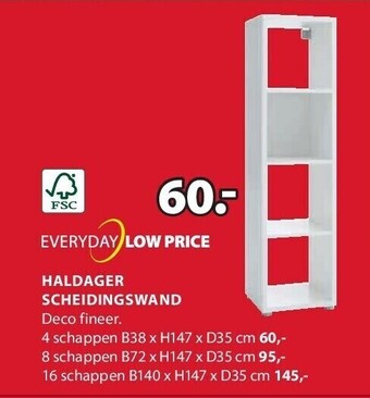 Jysk Haldager scheidingswand 4 schappen b38 x h147 x d35 cm aanbieding