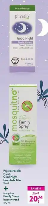 Holland & Barrett Physalis good night essentiële olie + mosquitno family spray insectwerend aanbieding