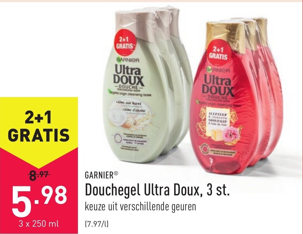 Garnier Douchegel Ultra Doux, 3 st. promotie bij ALDI