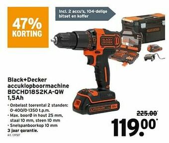 GAMMA Black+decker accuklopboormachine bdchd18s2ka-qw 1,5ah aanbieding