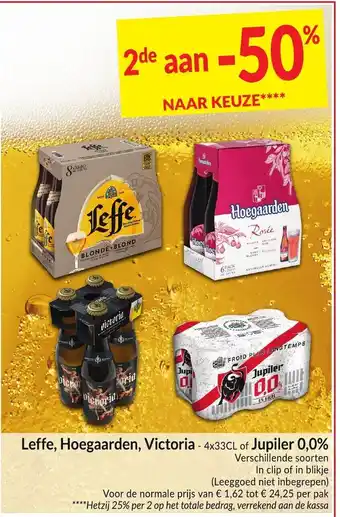 Intermarché Leffe, Hoegaarden, Victoria 4x33cl of Jupiler 0,0% aanbieding