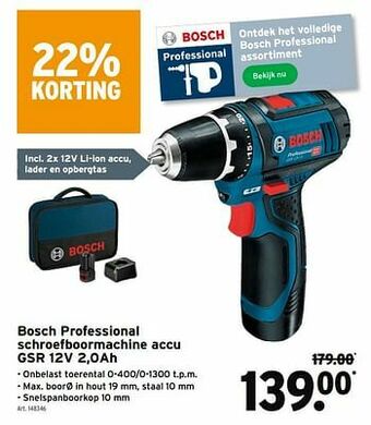 GAMMA Bosch professional schroefboormachine accu gsr 12v 2,0ah aanbieding