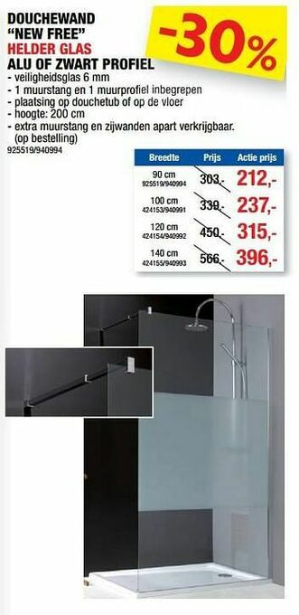 Hubo Douchewand new free helder glas alu of zwart profiel aanbieding