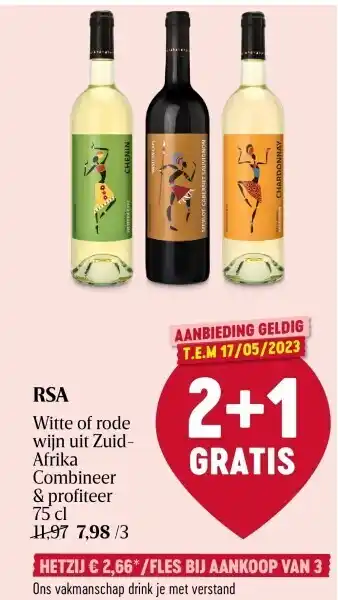 Delhaize Rsa witte of rode wijn uit zuidafrika combineer & profiteer 75 cl aanbieding