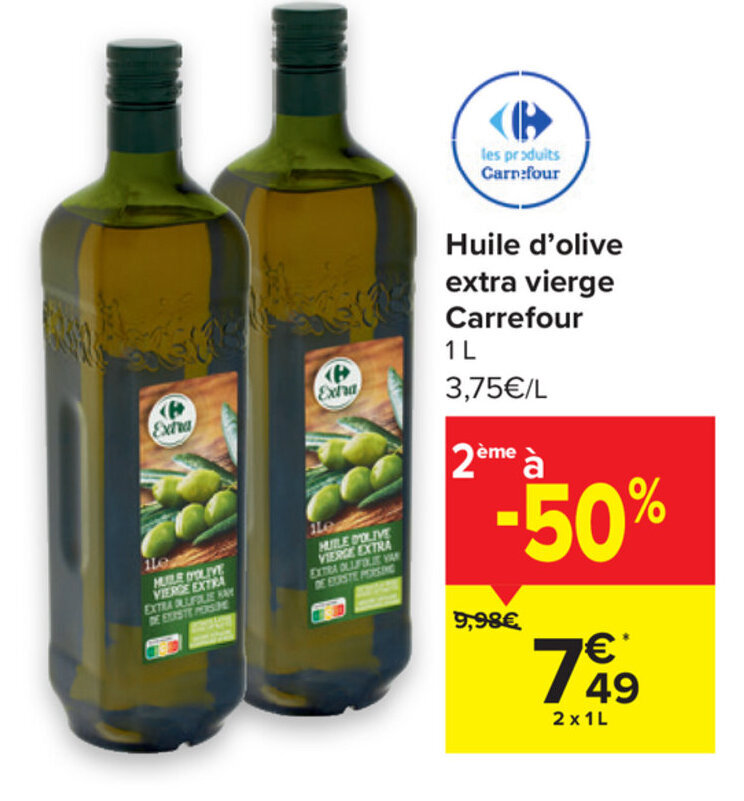 Huile d'olive extra vierge Carrefour 1L promotie bij Carrefour