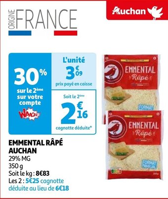 Auchan EMMENTAL RÂPÉ AUCHAN 29& MG 350g aanbieding