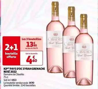 Auchan Igp(1) pays d'oc syrah grenache rosé 2022 domaine de cibadiès 75 cl aanbieding