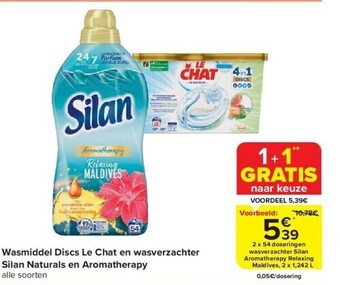 Carrefour Wasmiddel discs le chat en wasverzachter silan naturals en aromatherapy aanbieding