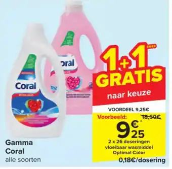 Carrefour Coral 2 x 26 doseringen vloeibaar wasmiddel Optimal Color aanbieding