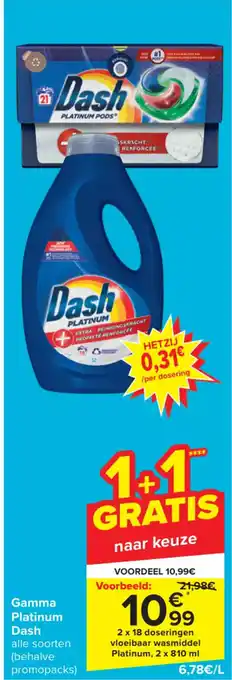 Carrefour Dash Platinum 2 x 18 doseringen vloeibaar wasmiddel Platinum, 2 x 810 ml aanbieding