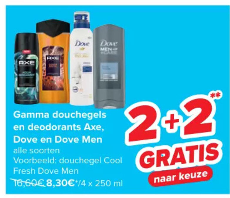 Gamma douchegels en deodorants Axe, Dove en Dove Men alle soorten