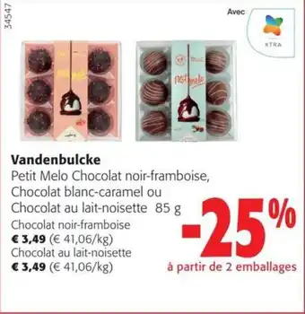 Vandenbulcke Petit Melo Chocolat noir-framboise, Chocolat blanc-caramel ou Chocolat au lait-noisette 85 g