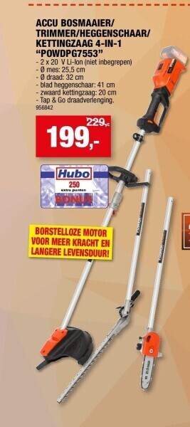 Hubo Accu bosmaaier/ trimmer/heggenschaar/ kettingzaag 4-in-1 “powdpg7553” aanbieding