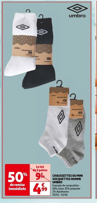 Auchan CHAUSSETTES OU MINI SOCQUETTES HOMME UMBRO aanbieding