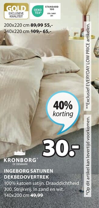 Jysk KRONBORG INGEBORG SATIJNEN DEKBEDOVERTREK 140x200 cm aanbieding