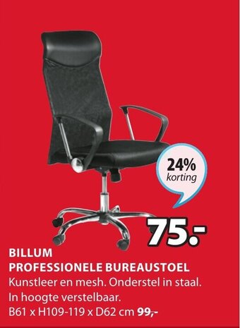 Jysk BILLUM PROFESSIONELE BUREAUSTOEL B61 x H109-119 x D62 cm aanbieding