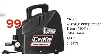 Criko olievrije compressor 8 bar - 170l/min 2850t/min 1,5pk